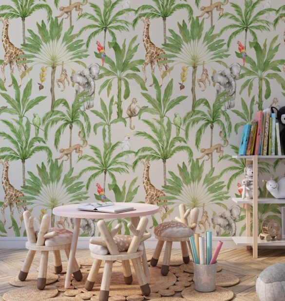 Safari wallpaper with giraffes and parrots for kids room by Igibee