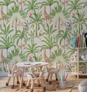 Safari wallpaper with giraffes and parrots for kids room by Igibee