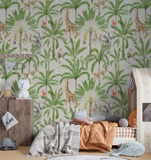 Watercolor safari wallpaper detail with parrots by Igibee