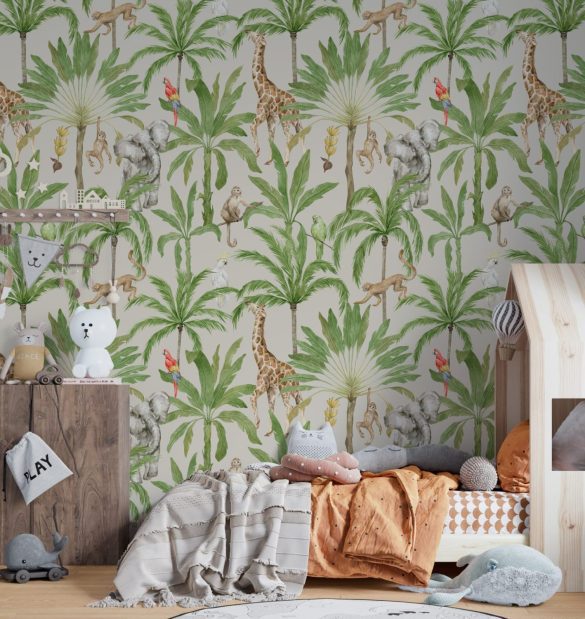 Watercolor safari wallpaper detail with parrots by Igibee