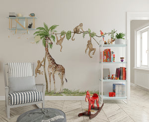 Giraffe with monkeys - safari wall decor set