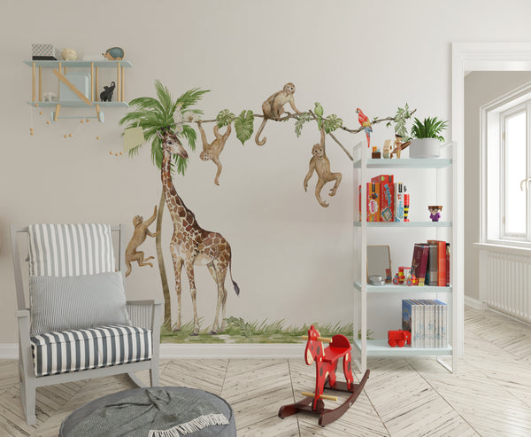 Giraffe with monkeys - safari wall decor set