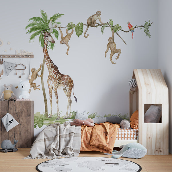 Giraffe with monkeys - safari wall decor set