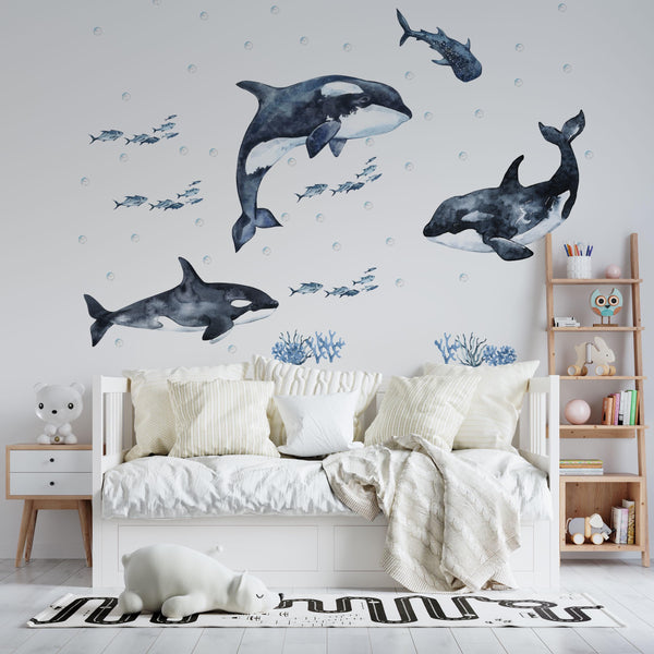 Sea adventure orca whale underwater wall decals - marine life stickers for kids bathroom by Igibee