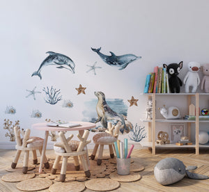 Sea animals underwater scene with dolphins seal and shark - removable wall decals for kids room by Igibee
