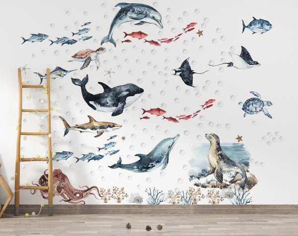 Sea animals big set with dolphins seal and shark - removable wall decals for kids room by Igibee