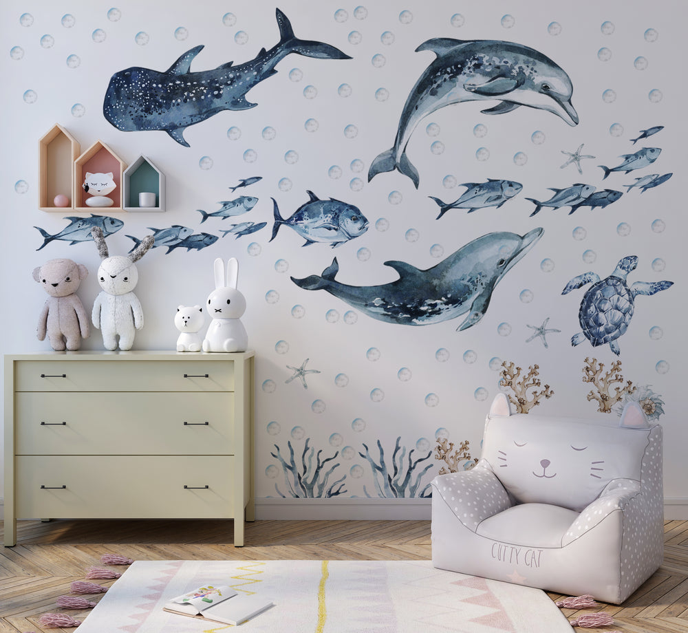 Sea animals wall stickers - ocean creatures dolphins whales fish peel and stick for kids room by Igibee