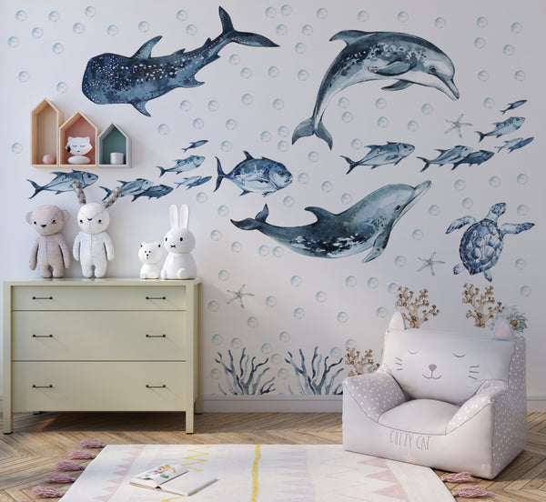 Sea animals wall stickers - ocean creatures dolphins whales fish peel and stick for kids room by Igibee