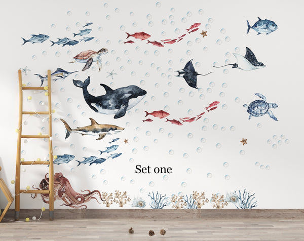 Sea animals wall decals with shark dolphin and seal - underwater themed nursery stickers by Igibee