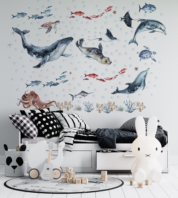 Sea animals wall decals with whale dolphins and seal - ocean theme nursery decor by Igibee