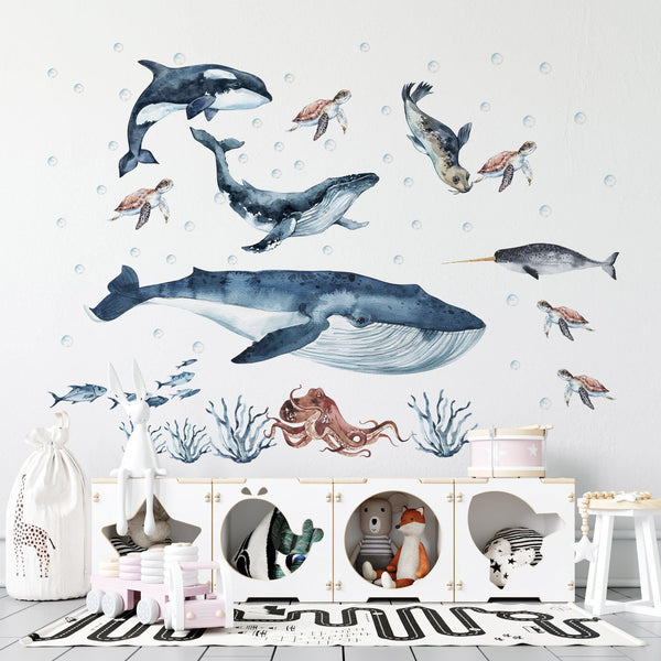 Sea animals wall decals - big whales, turtles, seal, octopus peel and stick nursery set by Igibee