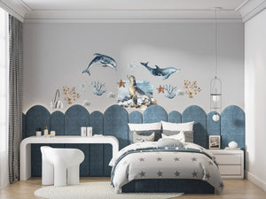 Sea life underwater scene with dolphins seal and shark - removable wall decals for kids room by Igibee
