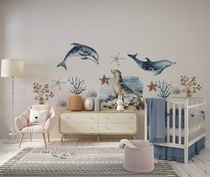 Sea lion and dolphins ocean wall decals - removable stickers for kids bathroom decoration by Igibee