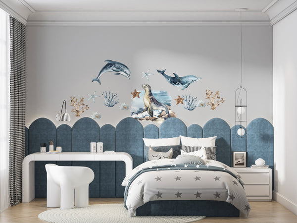 Sea lion and dolphins ocean world wall decals - playful marine animals peel and stick for kids room by Igibee