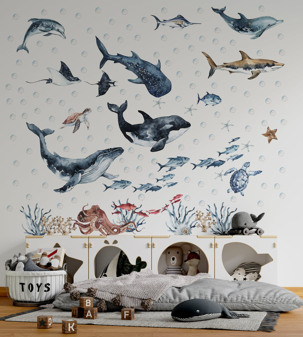 Ocean animals wall decals - dolphin, seal, sea turtle peel and stick for kids nursery by Igibee