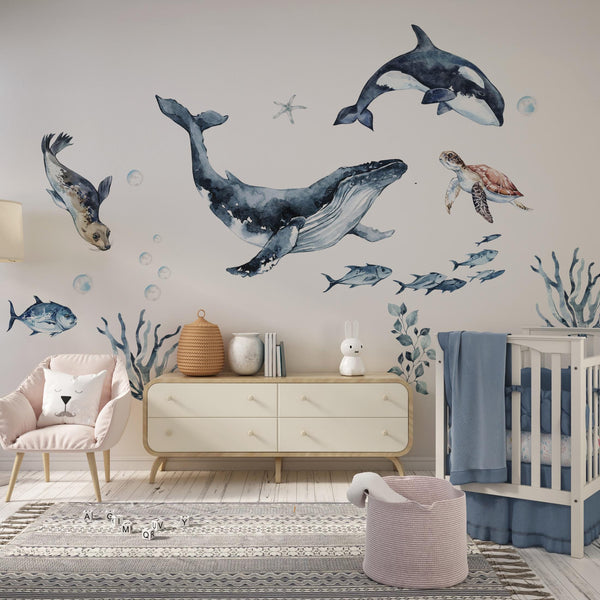 Sea turtles octopus and seal marine life wall decals - colorful underwater animals peel and stick by Igibee