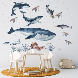 Sea turtles seal octopus marine life wall decals - colorful ocean animals nursery decor by Igibee