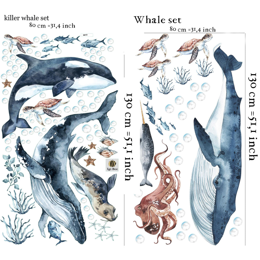 Big whales and sea animals wall decals - turtles, seal, octopus nursery set peel and stick by Igibee