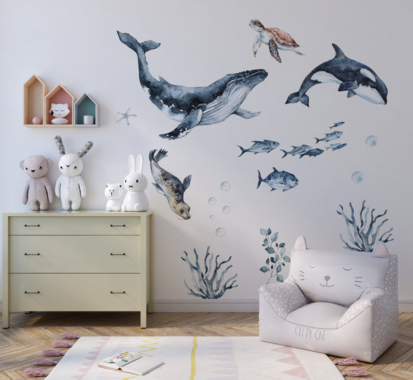 Sea whale and orca ocean nursery wall decals - marine themed removable stickers by Igibee