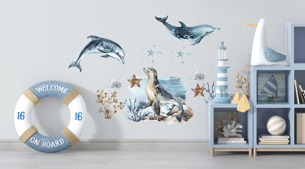 Sea World dolphins and sea lion wall decals - ocean themed nursery decoration by Igibee