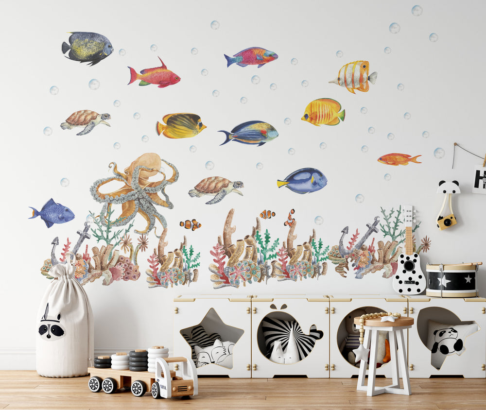 sea life decals, marine animals, tropical fish decals, octopus wall sticker, turtle wall decal, coral reef decor, bubble decals, undersea world, playroom decals, ocean themed room, underwater stickers, underwater world wall decals