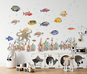 sea life decals, marine animals, tropical fish decals, octopus wall sticker, turtle wall decal, coral reef decor, bubble decals, undersea world, playroom decals, ocean themed room, underwater stickers, underwater world wall decals
