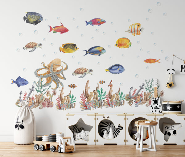 sea life decals, marine animals, tropical fish decals, octopus wall sticker, turtle wall decal, coral reef decor, bubble decals, undersea world, playroom decals, ocean themed room, underwater stickers, underwater world wall decals