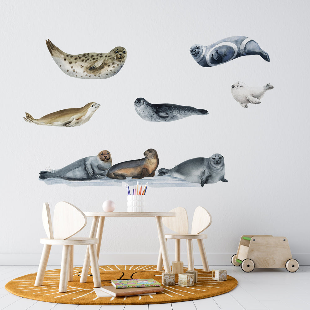 Seals ocean animals wall decals set - adorable sea creatures peel and stick nursery decor by Igibee