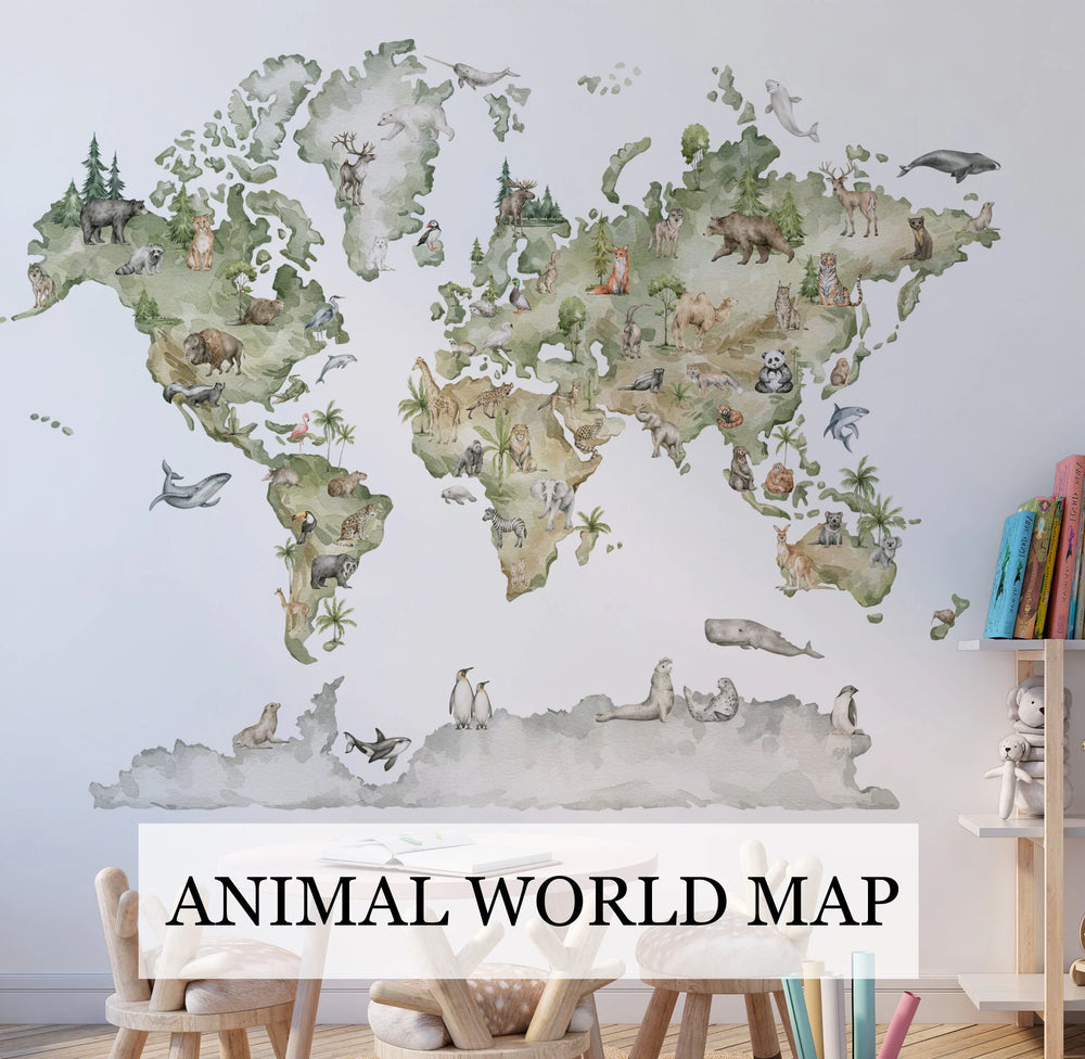 Self-adhesive animal world map wall decals - educational geography stickers for kids room by Igibee