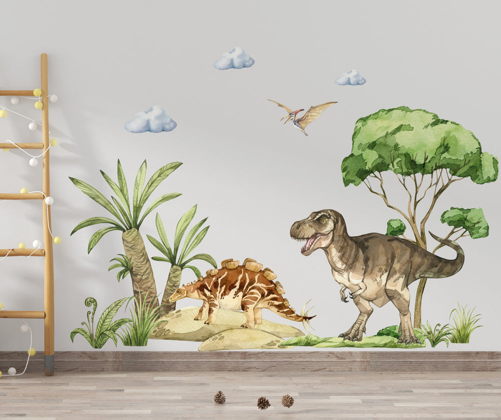Soft watercolor dinosaur stickers arranged beautifully on a white wall in a modern, minimalist baby girl or boy nursery.