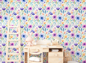 Soft pastel floral wallpaper with botanical flowers - nursery room decor by Igibee