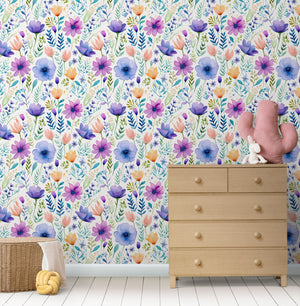 Soft pastel floral nursery wallpaper - delicate blooms design for baby room by Igibee