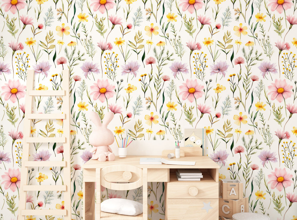 Pastel floral wallpaper for nursery room - soft blooms design for baby girls bedroom by Igibee
