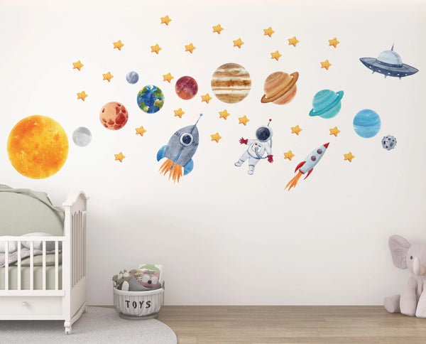 Solar system planets and astronaut wall stickers - educational space decor for kids room by Igibee