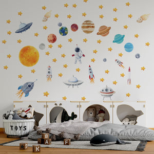 Solar system planets and rockets wall decals - educational space theme for kids room by Igibee