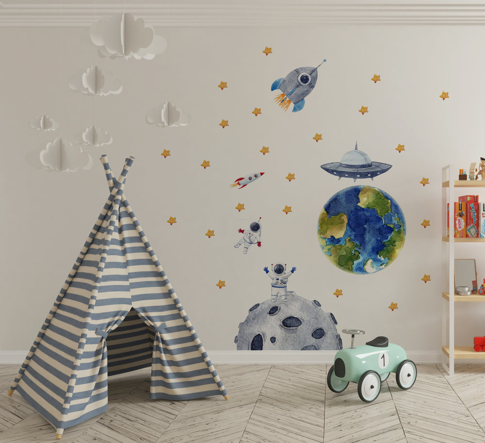 Space travel wall decals with big Earth and asteroid - educational adventure nursery decor by Igibee