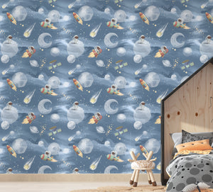 Space Explorer wallpaper for boys room - rockets planets astronauts design by Igibee