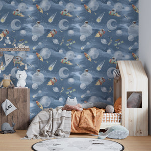 Space Explorer wallpaper for boys room - astronaut and rockets adventure design by Igibee