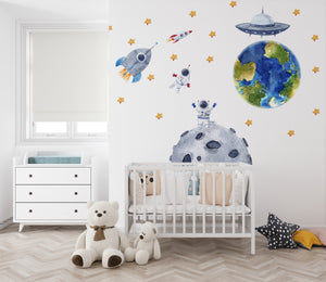 Space travel wall decals with big Earth and asteroid - educational adventure nursery decor by Igibee