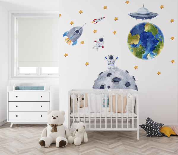 Space travel wall decals with big Earth and asteroid - educational adventure nursery decor by Igibee
