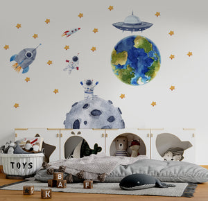 Space travel wall decals with big Earth and asteroid - educational adventure nursery decor by Igibee