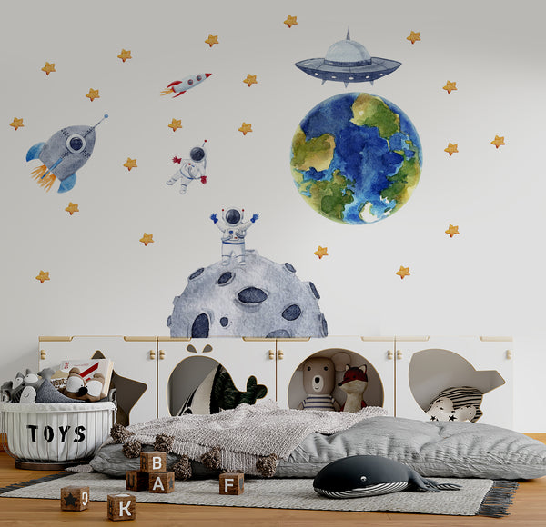 Space travel wall decals with big Earth and asteroid - educational adventure nursery decor by Igibee