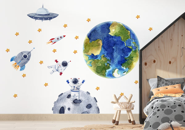 Space travel wall decals with big Earth and asteroid - educational adventure nursery decor by Igibee