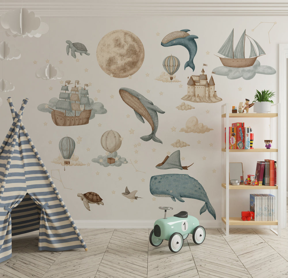 Stardust and dreaming sea animals wall decals - magical bedroom decor with ocean creatures by Igibee