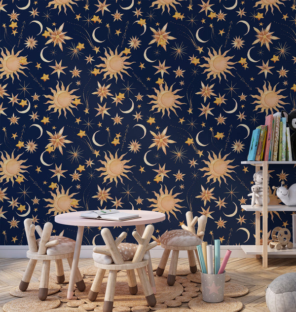 Starry Night peel and stick wallpaper - dreamy bedroom decor with celestial stars design by Igibee
