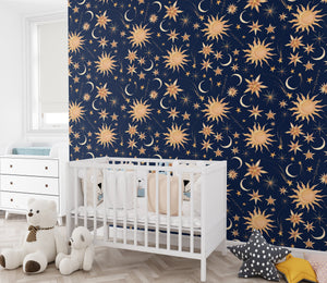 Starry Night peel and stick wallpaper - dreamy nursery decor with stars and moon pattern by Igibee