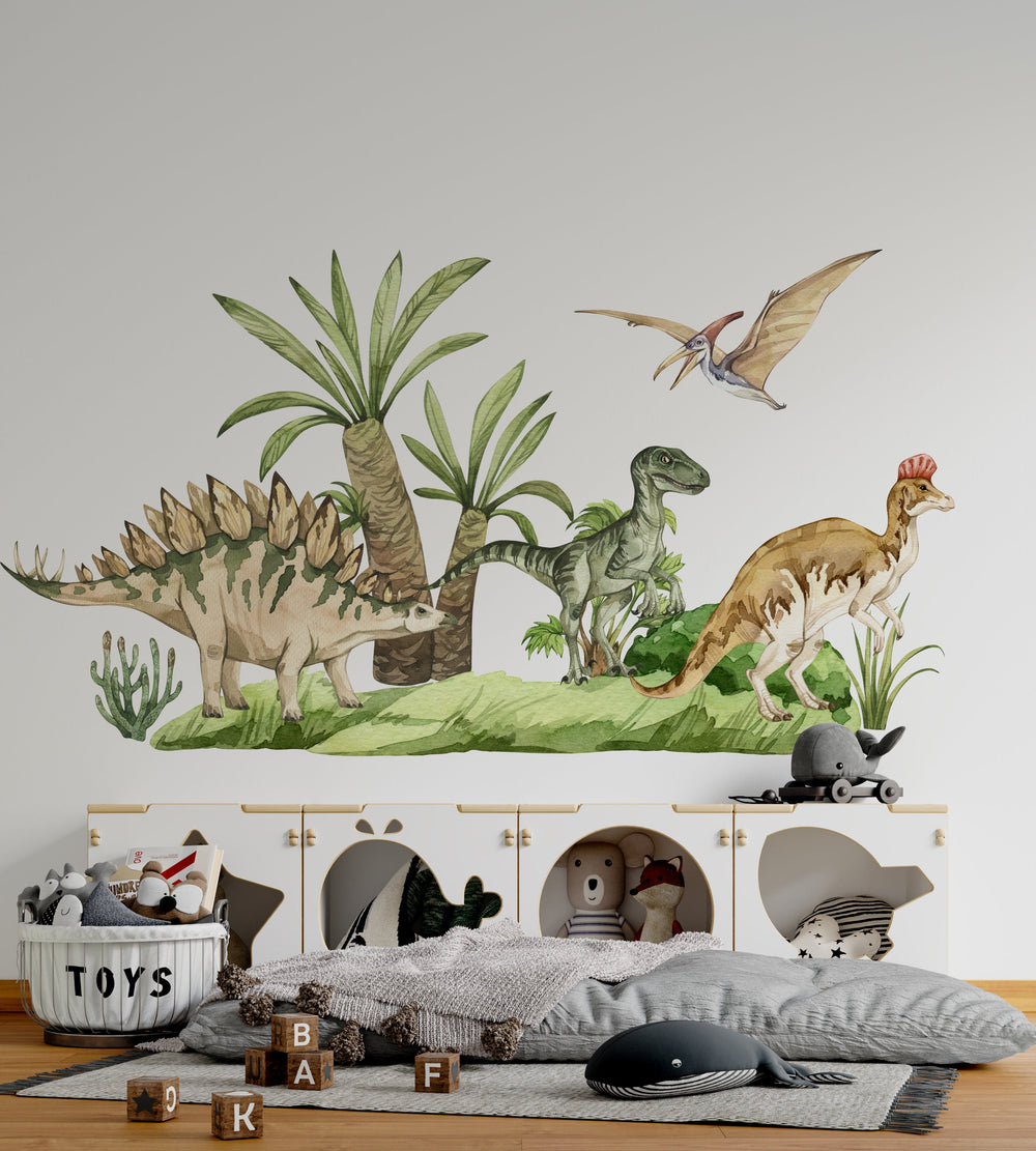 Stegosaurus and Velociraptor dinosaur wall decals set - peel and stick nursery decor for kids room by Igibee