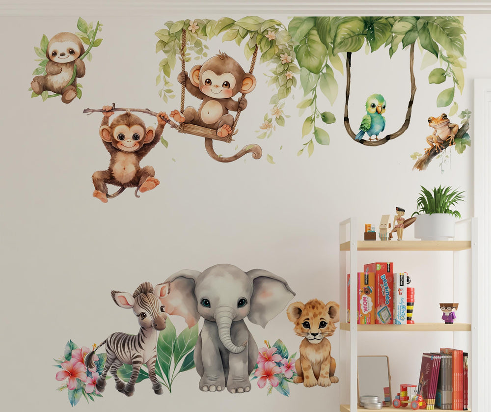 Sweet African Animals wall stickers set with monkeys, baby elephant and zebra – gentle peel and stick safari nursery decor by Igibee