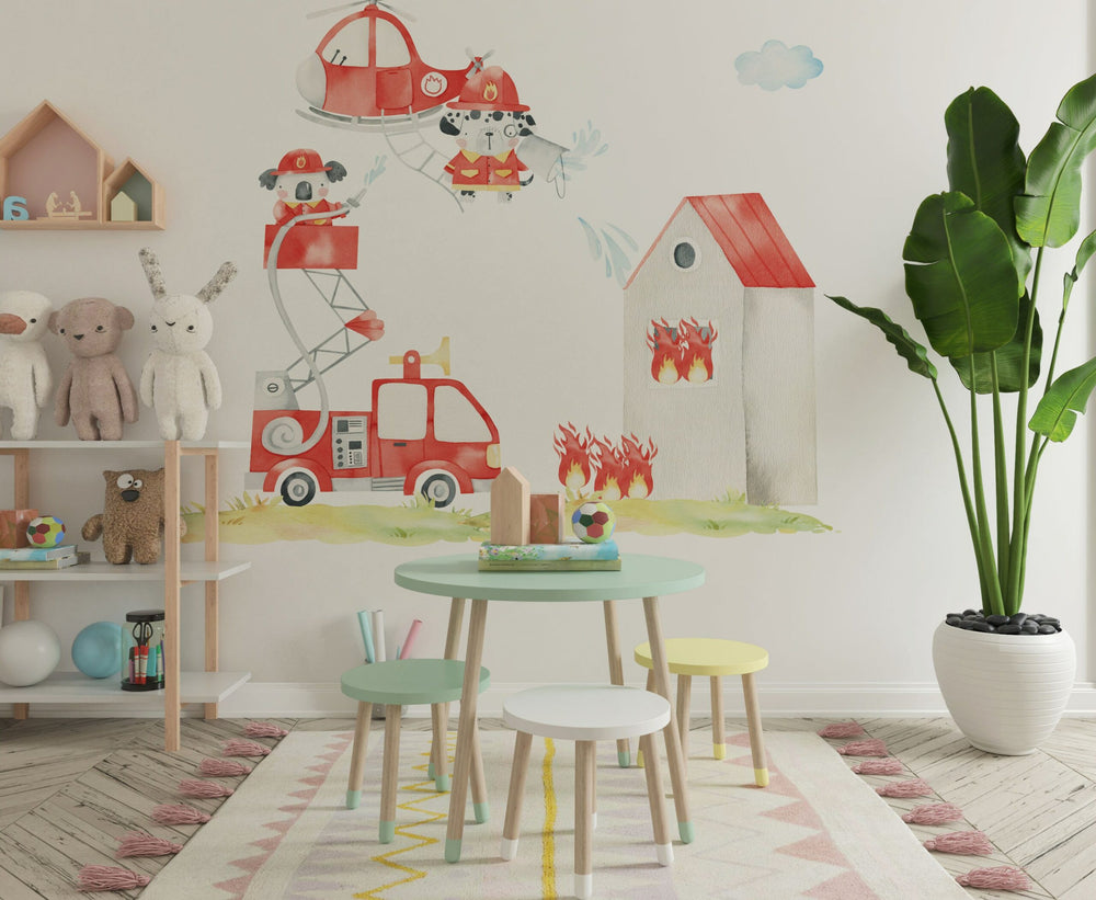 Fire brigade rescue sweet animals wall decals - educational adventure nursery stickers by Igibee