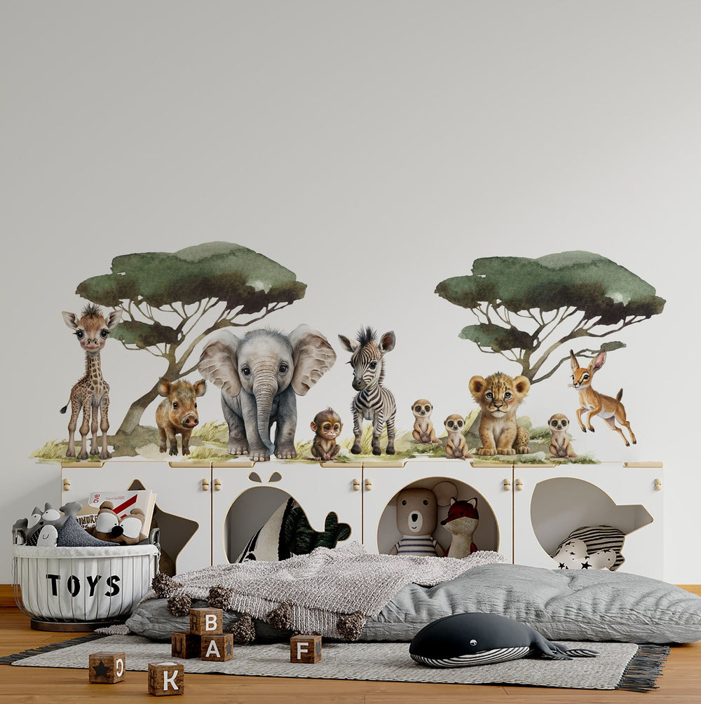 Sweet Little African Animals safari wall decal set – Lion Set and Elephant Set with tiny baby animals, trees and grass, perfect nursery decor by Igibee
